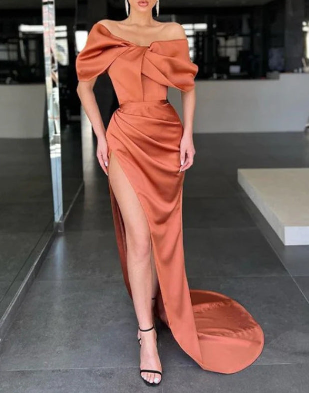 Burnt Orange Off-the-Shoulder Mermaid Prom Dress with Split